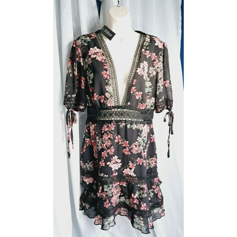 NWT Eilly Bazar Women's Short Sleeve Floral Slip Dress Black Pink  L Crochet